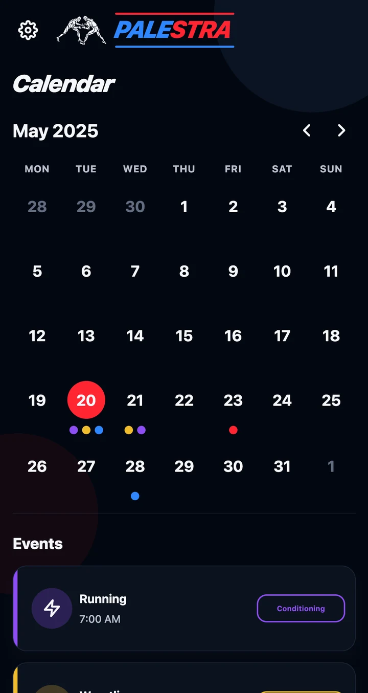 PALESTRA calendar app preview with illustrative information