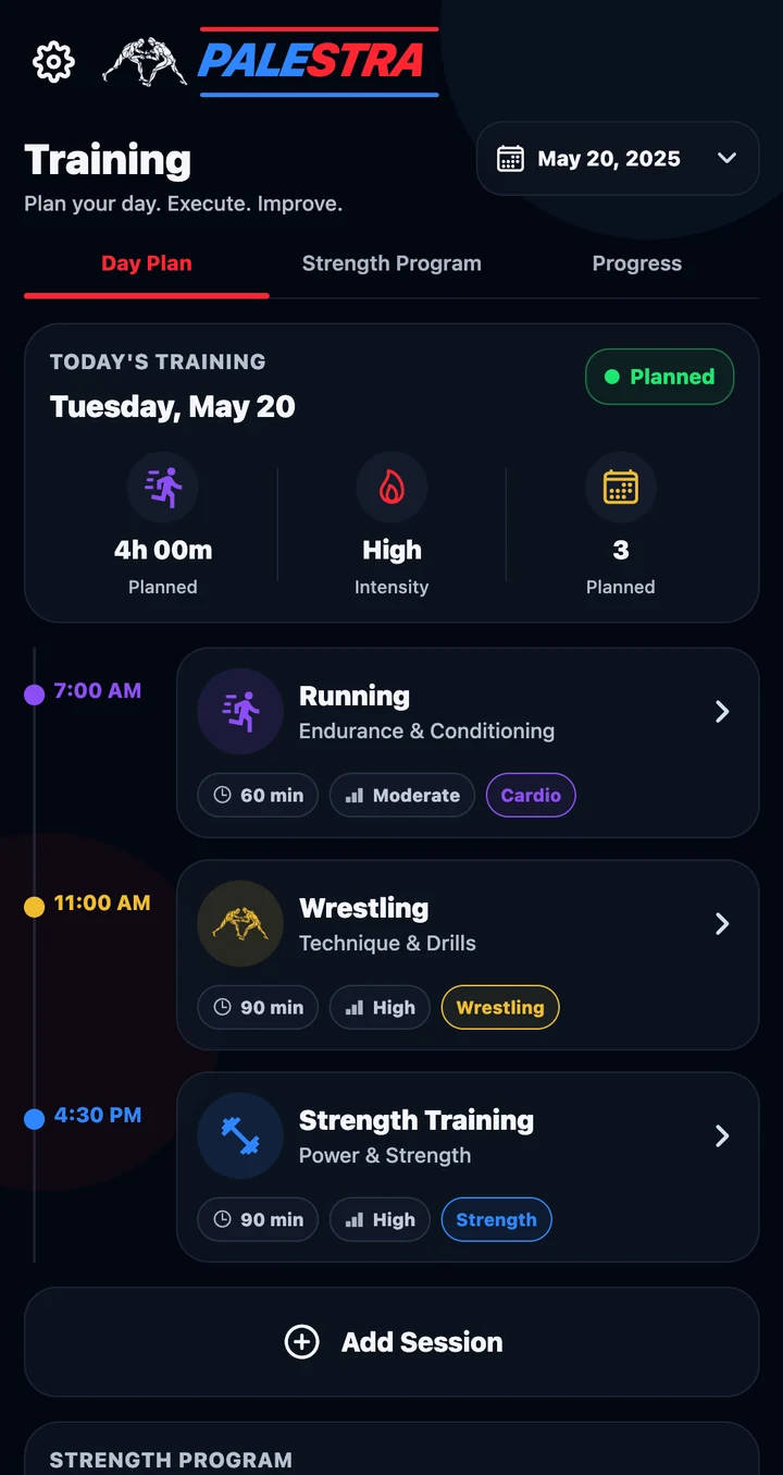 PALESTRA training app preview with illustrative information
