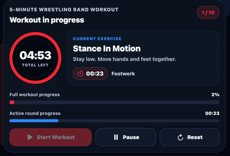 App preview of a timed wrestling band workout, showing an exercise and round progress